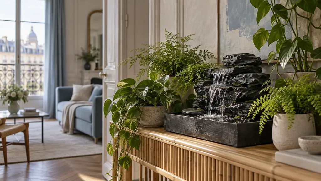 Editorial interior photograph of a compact slate tabletop waterfall surrounded by pothos and small ferns on a bamboo console, soft natural light, no text, no logo