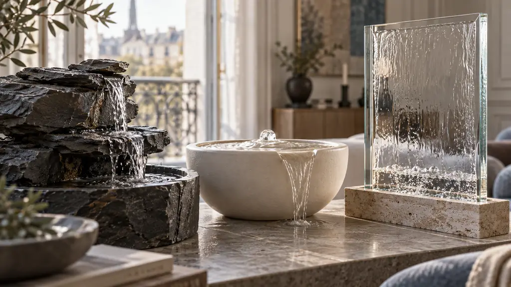Editorial close-up photograph comparing a textured natural slate tabletop fountain, a smooth ceramic basin and a glass water panel, visible gentle water flow, soft daylight, no text, no logo