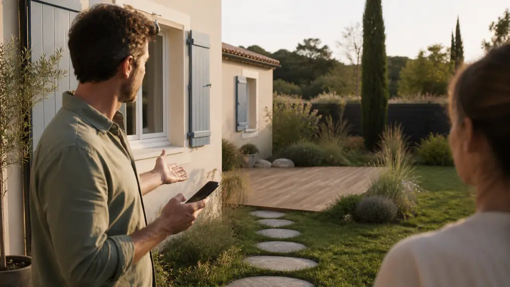 homeowner holding a smartphone with a garden planning conversation beside a house exterior, overlooking a proposed wooden terrace and stepping-stone path, natural editorial photography, no text, no logo