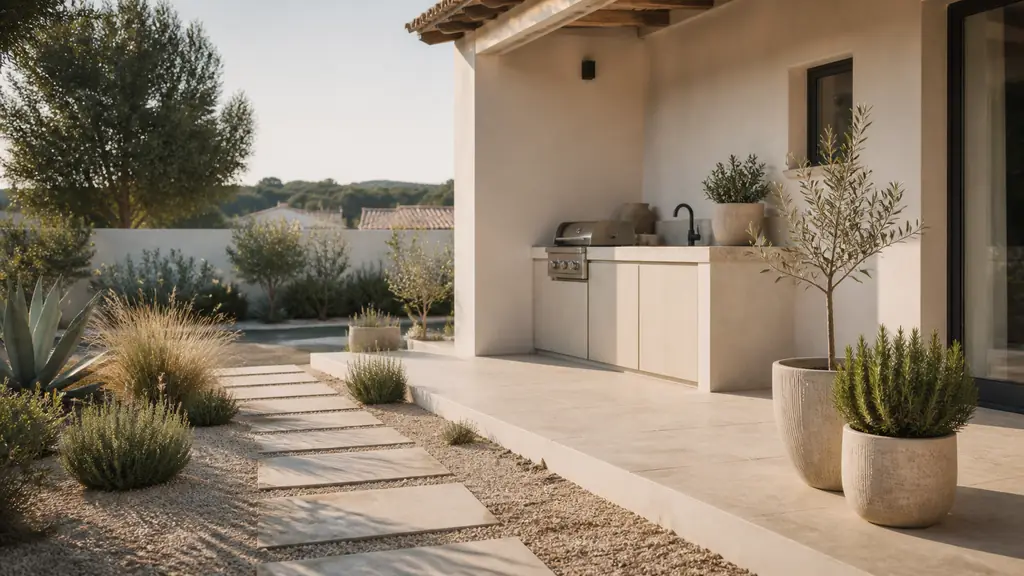 sunny house terrace with a compact outdoor kitchen, stepping-stone path and drought-resistant potted plants, natural editorial photography, no text, no logo