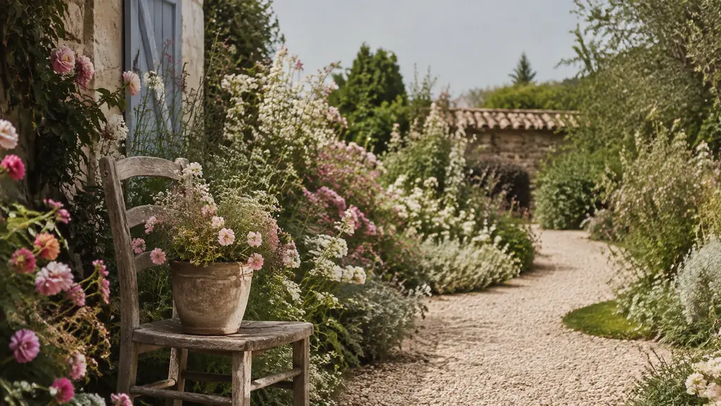 Editorial photograph of a romantic garden corner with a curved gravel path, pale pink and white flowers spilling from a border, and a weathered wooden chair holding a mismatched flower pot, natural soft daylight, no text, no logo