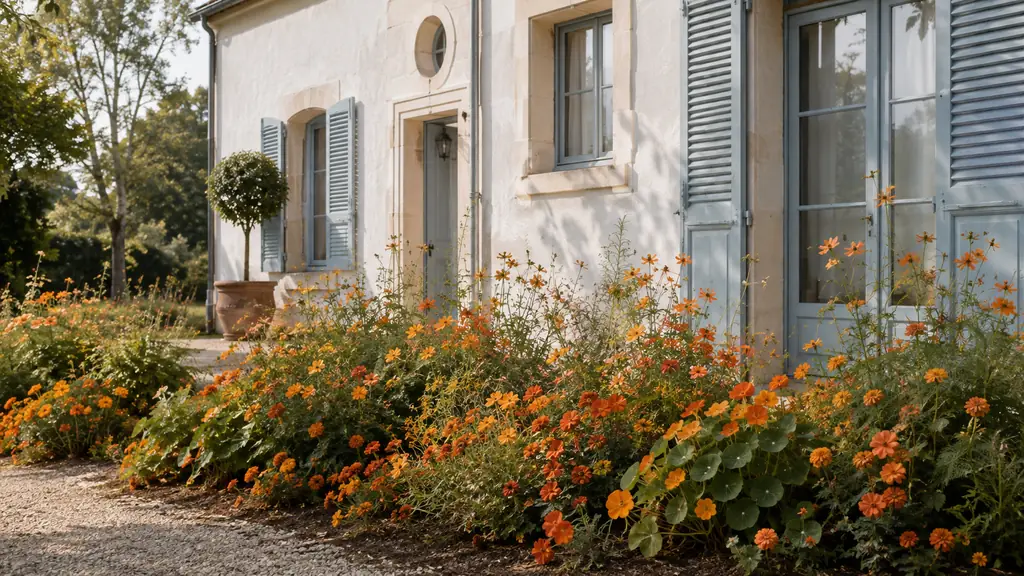 Editorial photograph of an orange flower bed in front of a house, with apricot cosmos, marigolds and trailing nasturtiums arranged in irregular groups along a simple mulched border, natural daylight, no text, no logo
