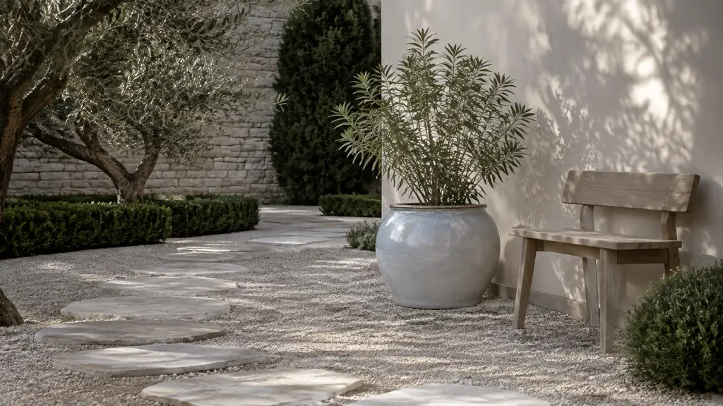 Editorial photograph of a shaded garden corner with pale gravel stepping stones, a light glazed ceramic pot and a small wooden seat, soft natural light, no text, no logo