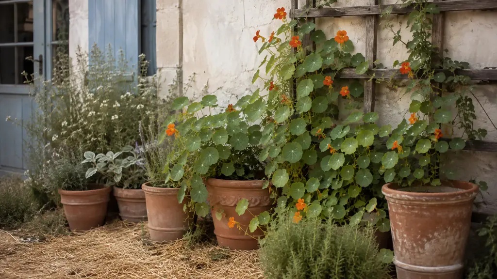 Editorial photograph of a fast-growing garden corner with nasturtiums climbing a wooden trellis, staggered terracotta pots and fresh straw mulch, soft natural light, no text, no logo