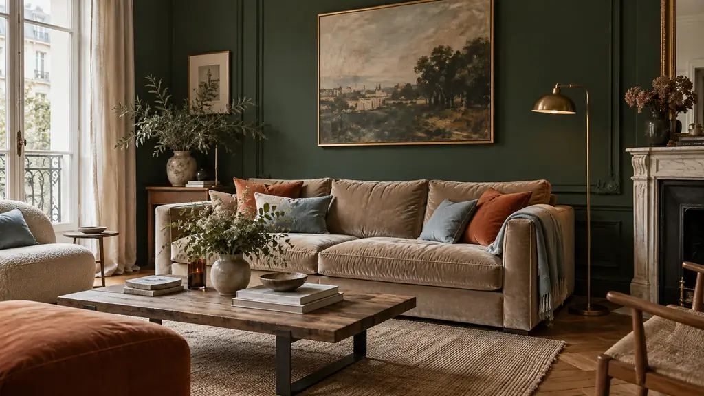 Editorial photograph of a cozy living room with a dark green accent wall, a beige velvet sofa with terracotta cushions, and a brass floor lamp, natural daylight, no text or logo