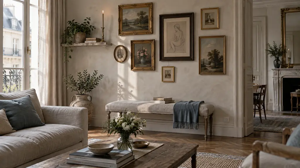 Editorial photograph of a living room wall featuring a gallery arrangement of vintage frames above a bench, a slim brass candleholder, and a small indoor plant on a wall shelf, natural daylight, no text or logo