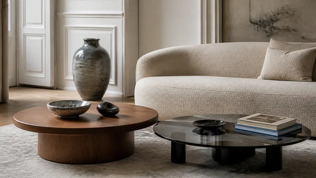 Editorial living room with a round wooden coffee table paired with a lower smoked glass table, beige sofa in the background and a ceramic vase echoing the glass tones, natural daylight, no text, no logo