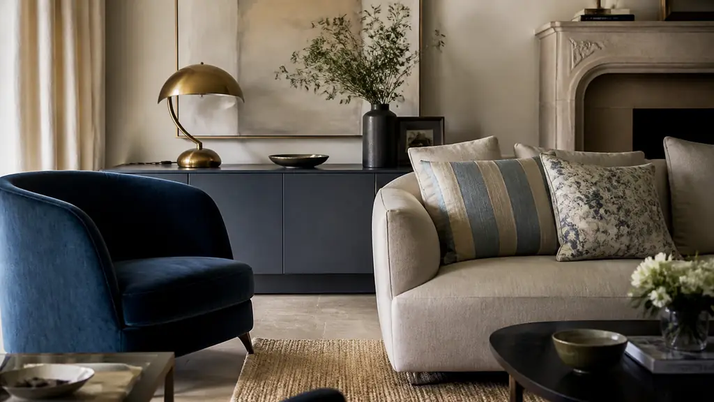 Eclectic editorial living room featuring a striped cushion beside a floral cushion, a vintage lamp on a contemporary cabinet, and a velvet armchair placed on a natural fiber rug, soft daylight, no text, no logo