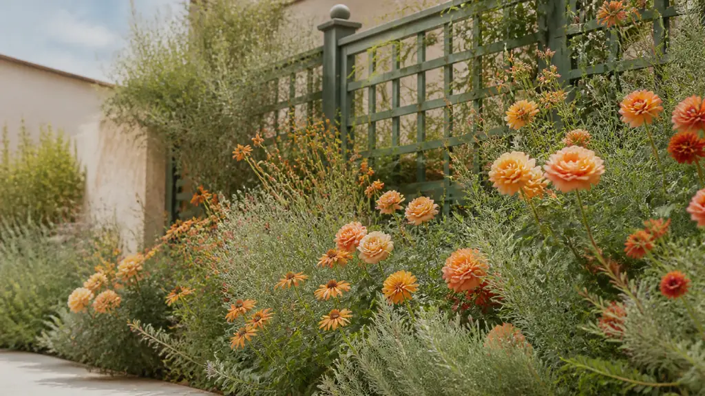 editorial garden photograph of an orange flower bed with apricot and copper blooms, silver-green foliage, and a simple green wooden trellis in the background, no text, no logo