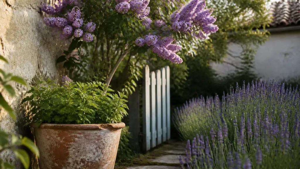 editorial garden photograph of a lilac beside a small gate, lavender edging a pathway, and mint growing in a weathered terracotta pot, soft nostalgic atmosphere, no text, no logo