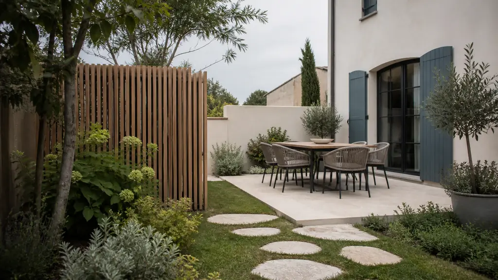 Editorial garden scene showing a dining terrace beside the house, stepping stones crossing a lawn, and a slatted wooden screen hiding a compost bin, no text, no logo