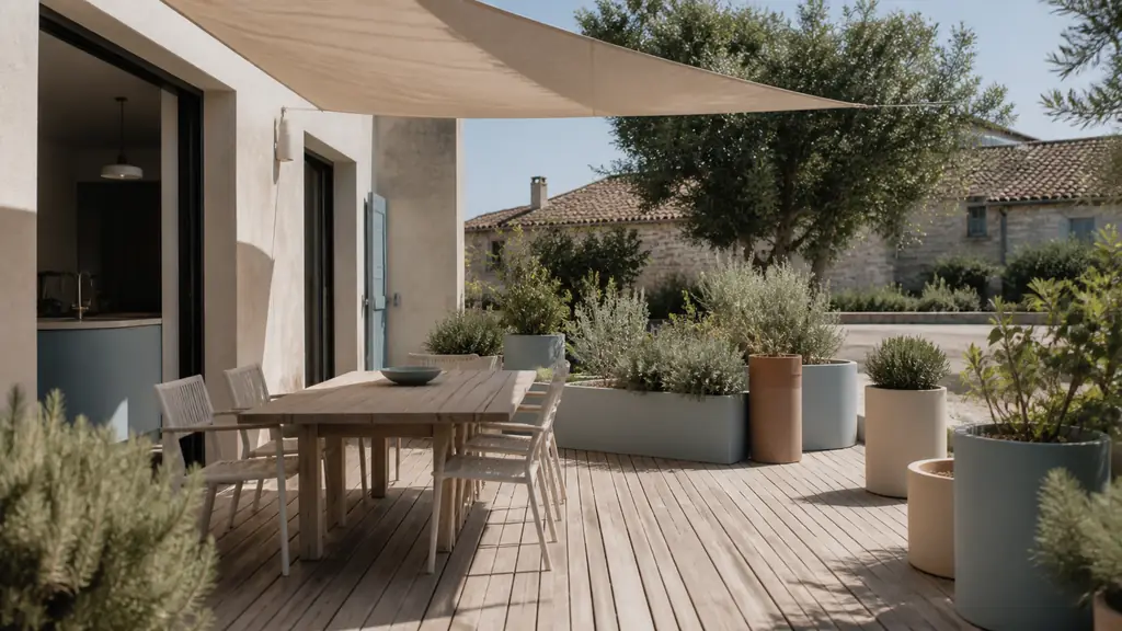 Editorial photograph of a compact wooden terrace beside a house, with an extendable dining table, varied-height planters, and a fabric shade sail, no text, no logo