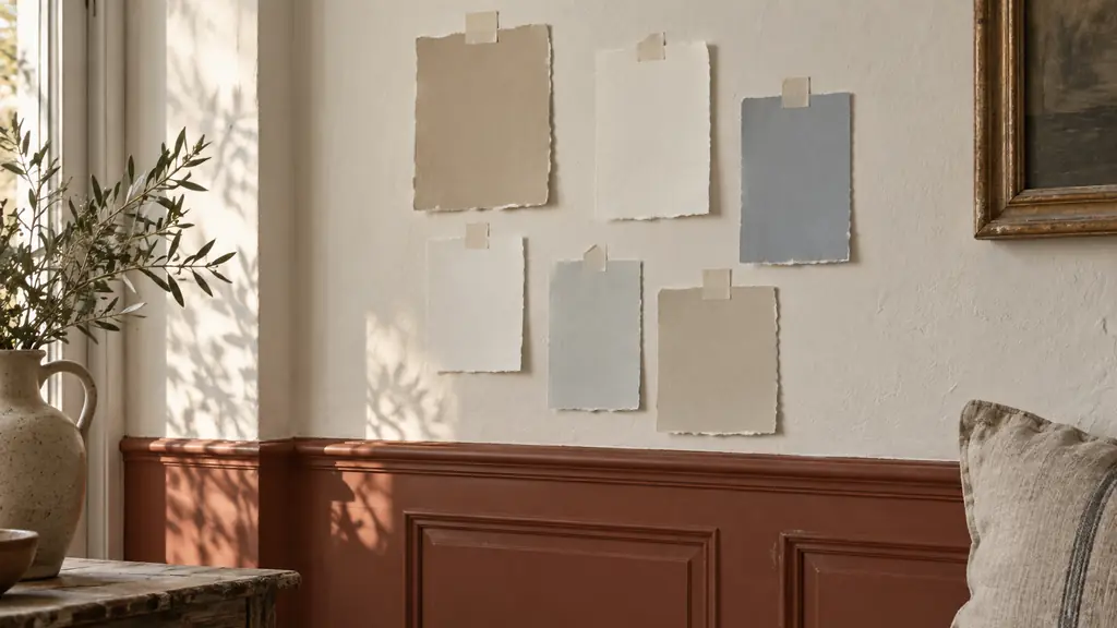 editorial interior photograph of paint swatches taped to a wall above a dark terracotta painted wainscot, with a linen cushion and ceramic vase nearby, natural daylight, no text, no logo