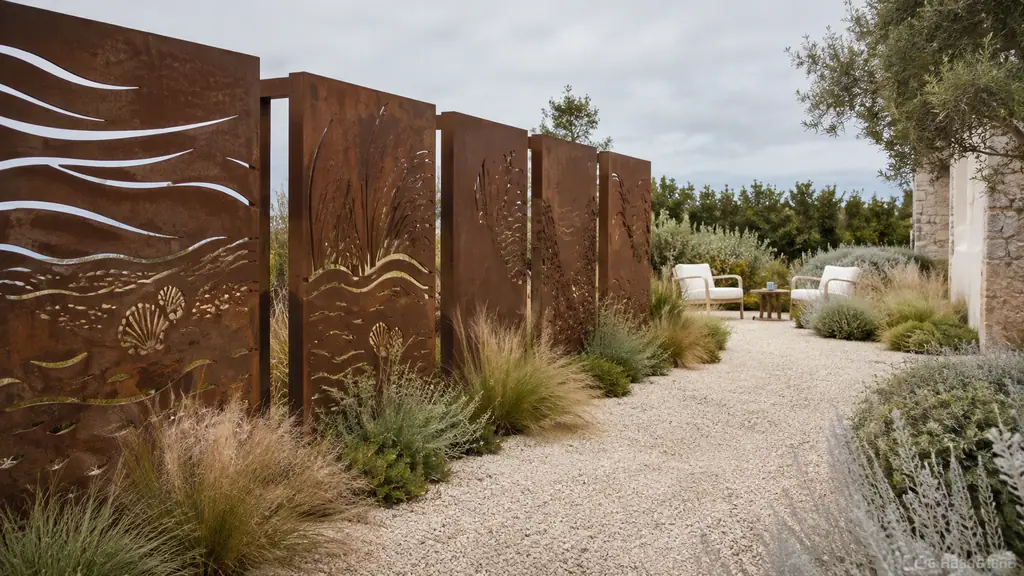 Editorial photograph of seaside-pattern corten steel decorative panels beside a gravel garden path, with ornamental grasses and a small outdoor seating area, natural daylight, no text, no logo