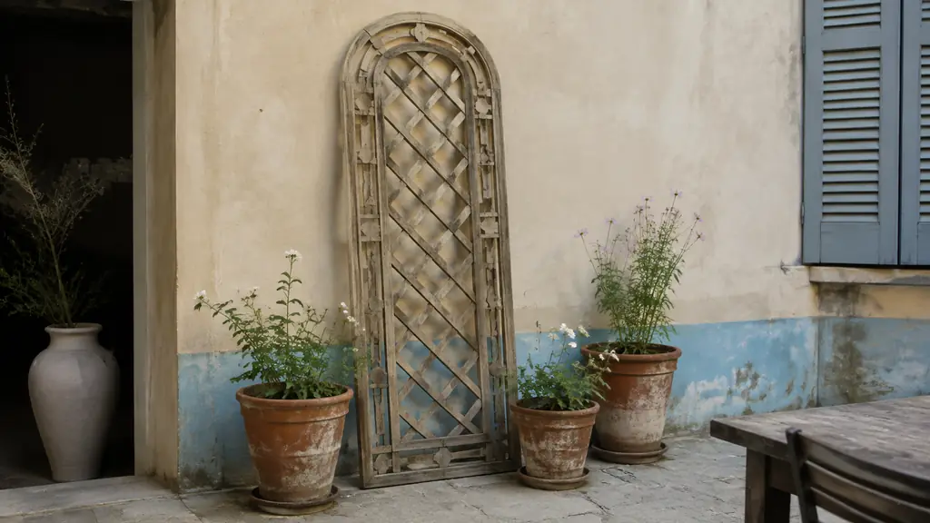 Editorial photograph of a wooden trompe l'oeil garden trellis leaning against a plain courtyard wall, with three staggered terracotta pots, light foliage and seasonal flowers, natural daylight, no text, no logo