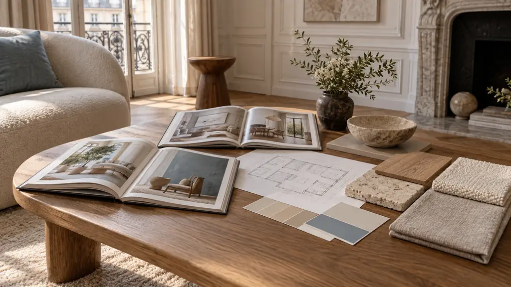open interior design books beside a floor plan, color palette swatches and material samples on a small wooden coffee table, warm natural light, editorial photography, no text, no logo