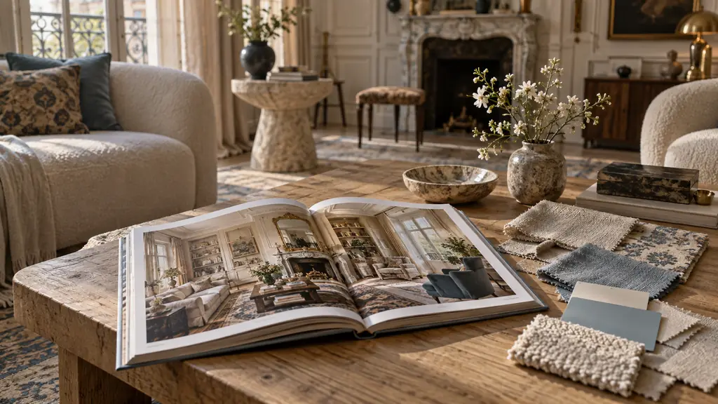 open interior design monograph showing a maximalist living room, fabric samples and color swatches arranged beside it on a low wooden coffee table, warm editorial photography, no text, no logo