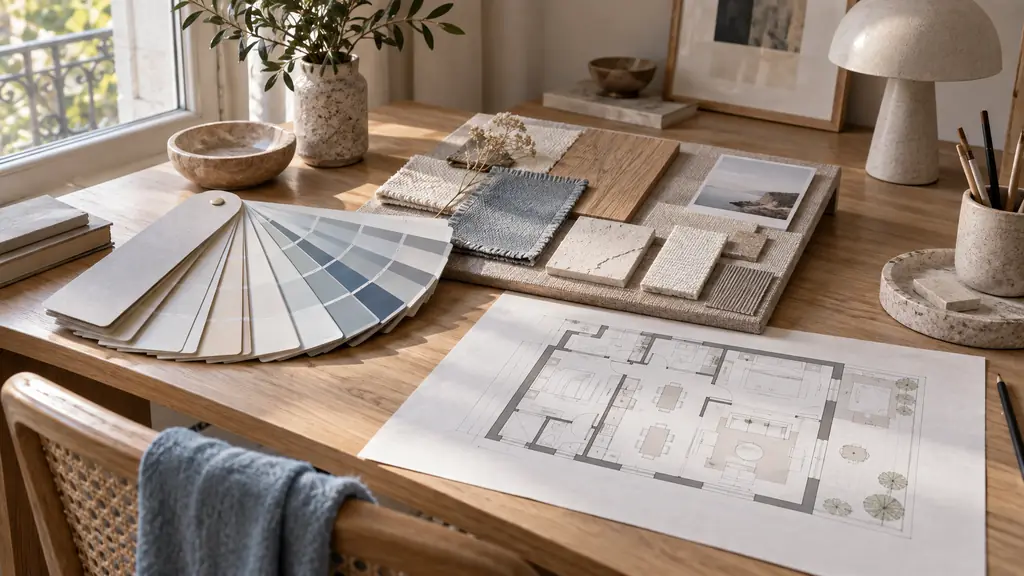 Editorial photograph of an open color guide beside a handmade moodboard and a measured floor plan on a small wooden desk, soft natural window light, no text, no logo
