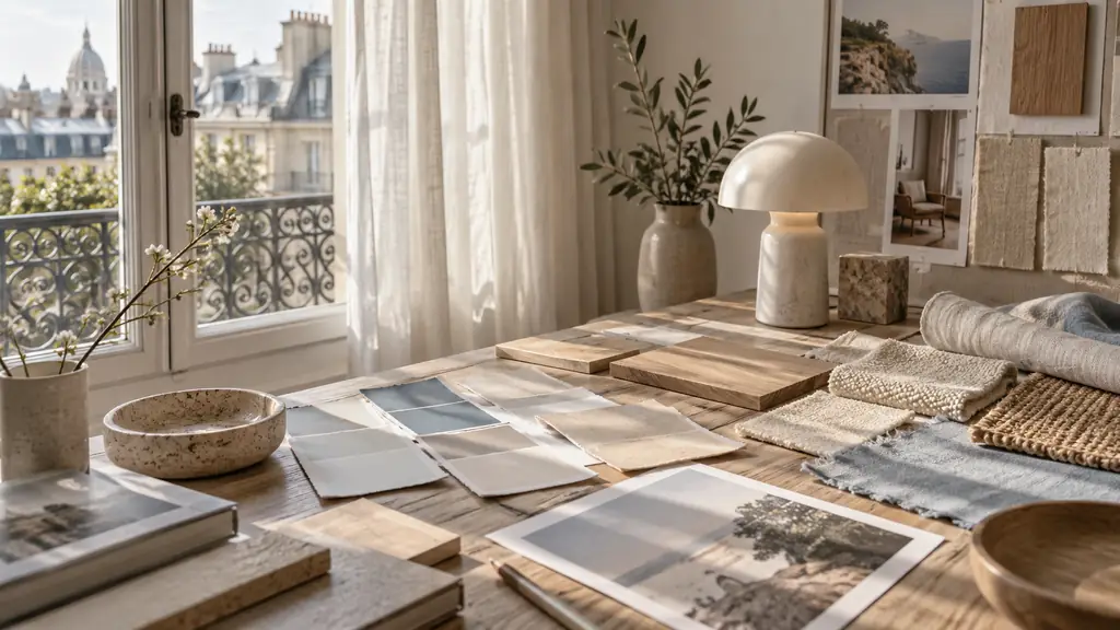 Editorial photograph of painted color swatches moved beside a sunlit window, a moodboard with wood and natural fiber samples, and a small table lamp, no text, no logo