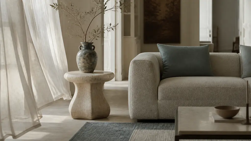 editorial living room with a small travertine side table, airy linen curtains and a vintage ceramic vase, soft natural daylight, no text, no logo