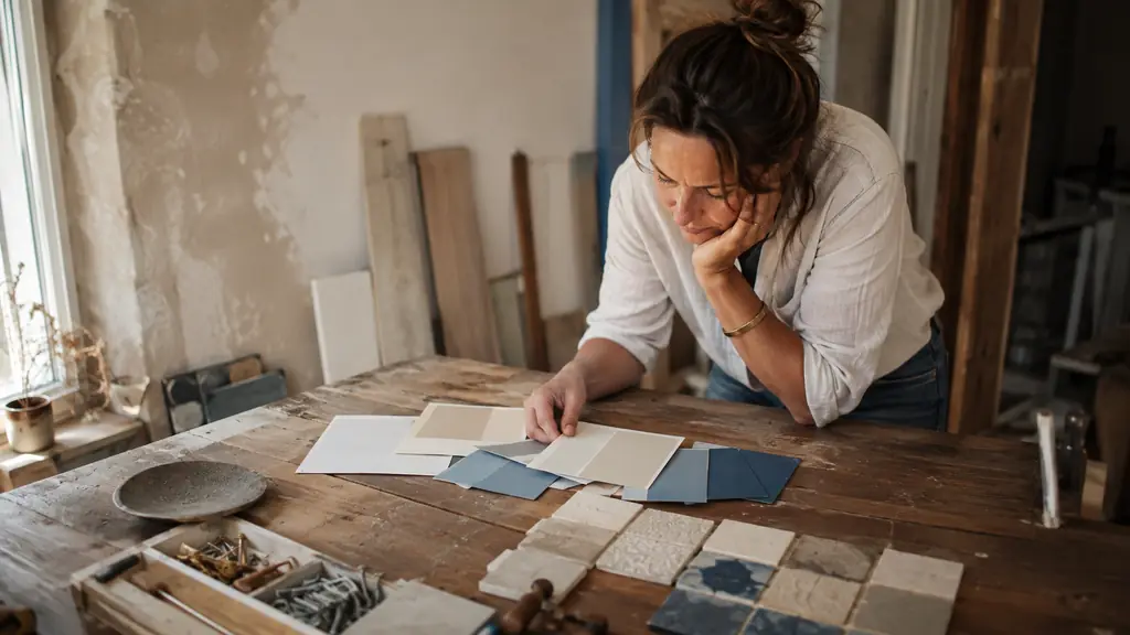 homeowner comparing paint swatches beside wall tiles and neatly arranged screws on a workbench, warm natural light, realistic editorial photography, no text, no logo