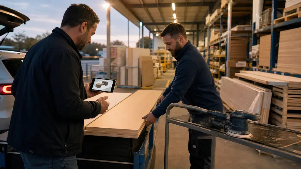 customer collecting precisely cut wooden panels at a hardware store drive, rental sander on a trolley and smartphone displaying a simple 3D kitchen layout, warm realistic editorial photography, no readable text, no logo