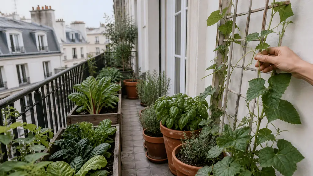 Editorial photograph of a narrow balcony garden with terracotta herb pots, raised wooden planters and a hand guiding climbing vegetable vines onto a wall trellis, natural daylight, no text, no logo