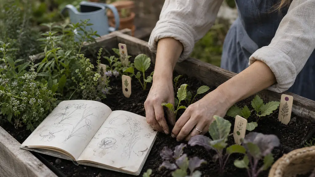 Editorial photograph of hands arranging labeled vegetable seedlings with flowering herbs in a raised garden bed, a handwritten companion planting notebook open beside them, natural daylight, no text, no logo
