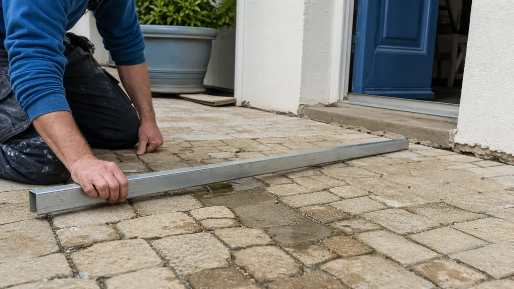editorial outdoor home renovation scene, close-up of a person placing a long straightedge over old interlocking pavers, checking uneven spots near a doorway threshold, small puddles visible between joints after water test, natural daylight, no text, no logo