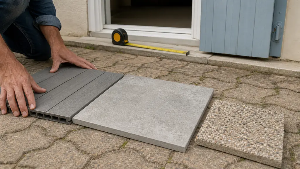 editorial outdoor renovation scene, close-up of a homeowner comparing gray composite deck tiles, a 20mm porcelain slab, and a small resin-bound aggregate sample on old interlocking pavers, tape measure placed near a doorway threshold, natural daylight, no text, no logo
