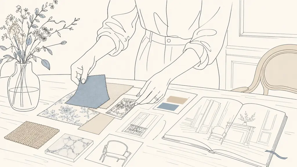 editorial close-up of a person arranging interior design mood board samples at a wooden table, fabric swatches, paint chips, notebook, soft natural light, cozy French apartment aesthetic, no text, no logo