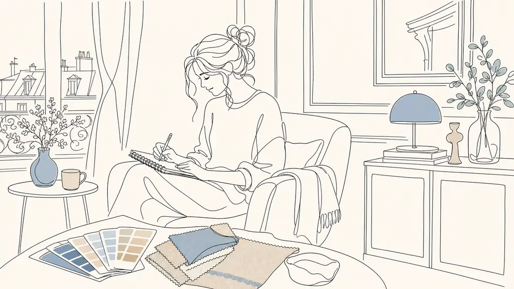 editorial photo of a French home decor writer jotting short wording ideas in a notebook beside paint swatches, fabric samples and a cozy living room corner, soft natural light, authentic apartment atmosphere, no text, no logo