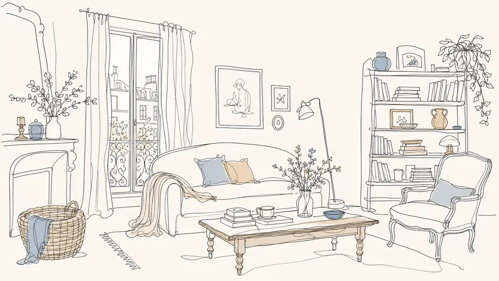 editorial lifestyle photograph of a warm lived-in French living room with a mix of personal decor objects, books, handmade touches, mismatched vintage furniture and a few subtle trendy accents, natural light, authentic and stylish, no text, no logo
