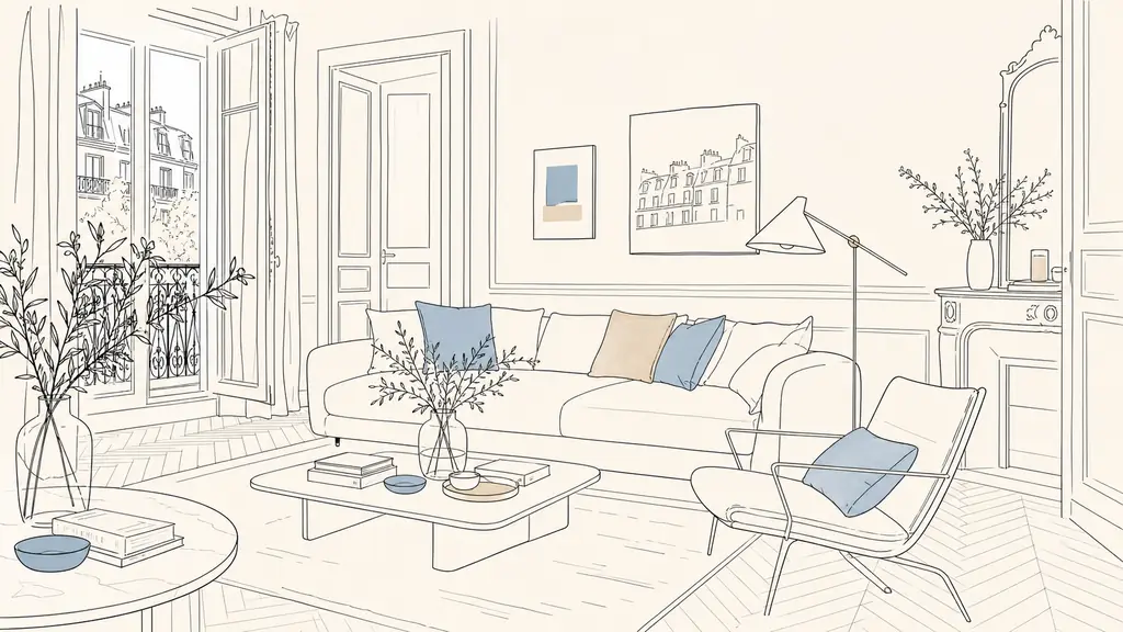 editorial photograph of a stylish French living room with a timeless neutral sofa and flooring, subtle trendy accents through cushions, lamp, small decor objects and wall art, warm natural light, realistic lived-in interior, no text, no logo