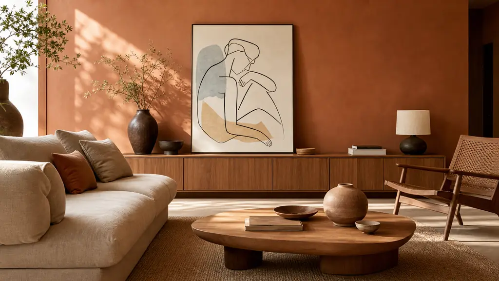Editorial interior design photograph of a modern living room in 2026 trend colors, warm earthy palette with terracotta walls, deep beige textiles, brown ceramic decor, natural wood furniture, soft daylight, realistic high-end magazine style, no text, no logo