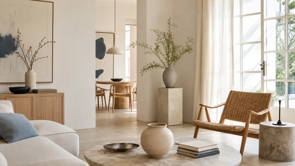 Editorial interior design photograph of a 2026 home interior featuring natural materials, light oak furniture, linen curtains, rattan chair, ceramic vases, stone accents, warm soft daylight, elegant French decor magazine style, no text, no logo