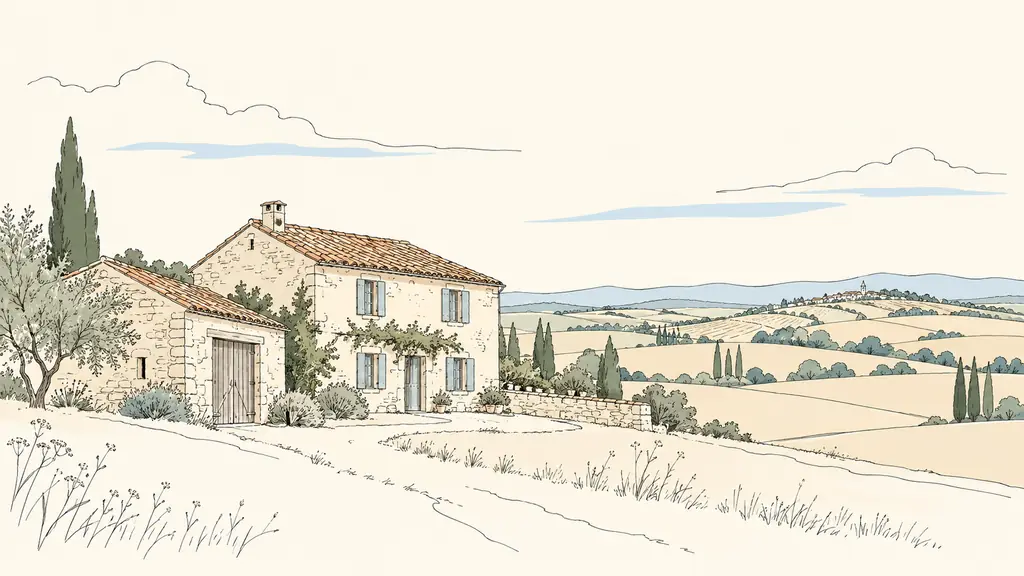 Editorial photograph of a Gers rural property with a weathered tiled roof, a stone outbuilding and an open countryside view, natural daylight, no text or logo