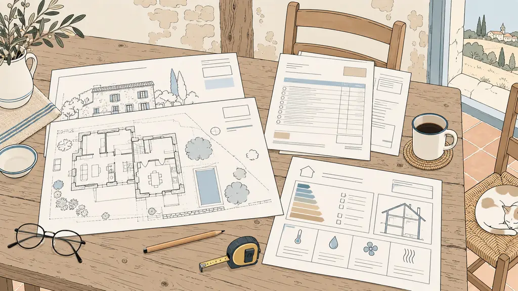 Editorial photograph of house plans, renovation invoices and technical diagnostic reports arranged on a wooden table inside an old Gers property, natural daylight, no text or logo