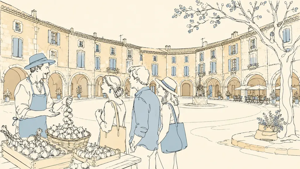 Editorial photograph of the circular village square in Fourcès, with stone arcades, a small farmers market displaying white garlic, and a local producer speaking with visitors