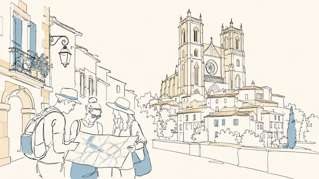 Editorial photograph of Auch old town with Sainte-Marie Cathedral in the background, visitors studying a local map beside historic stone buildings