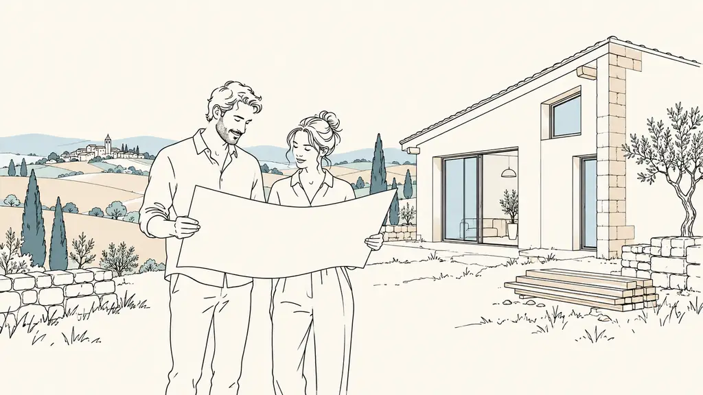 A couple reviewing unmarked architectural plans beside a newly built detached house in the Gers countryside, with rolling fields and construction details visible, editorial photography, no text, no logo