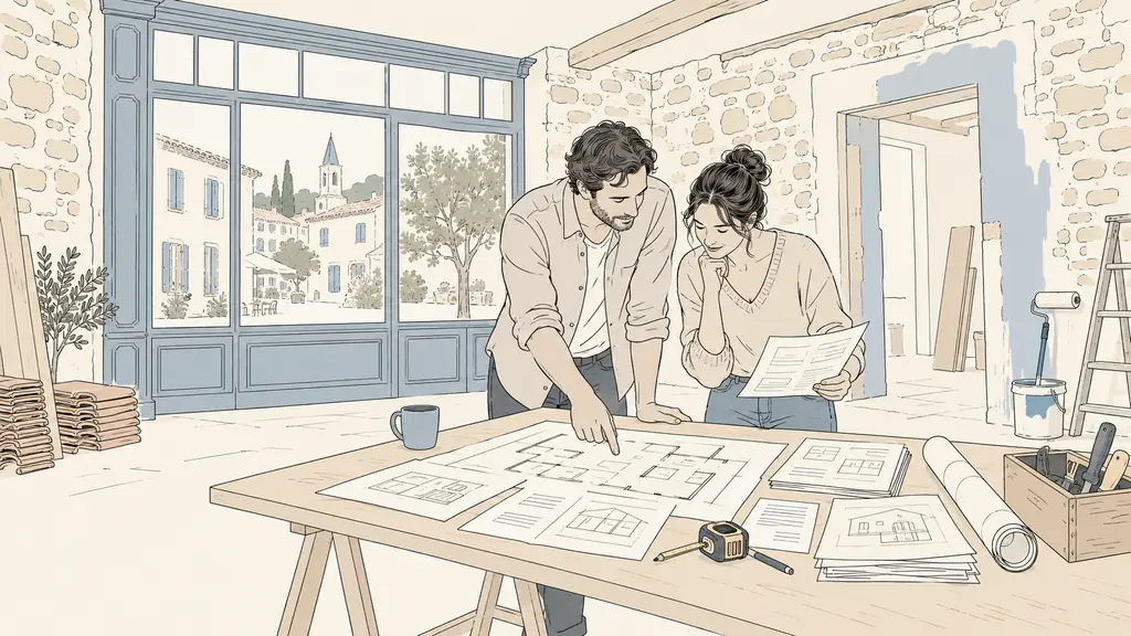 A couple examining renovation plans and contractor estimates inside a former village shop being converted into a home in the Gers, exposed stone walls and an old storefront window visible, editorial photography, no text, no logo