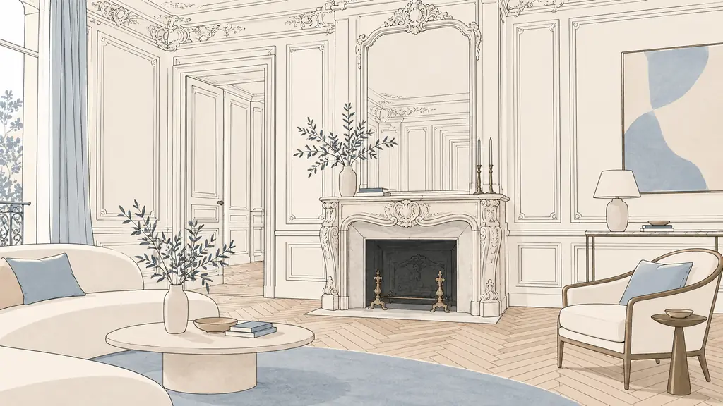 Close editorial view of a French period reception room with herringbone parquet, ornate ceiling mouldings and an original stone fireplace, natural daylight, no text, no logo