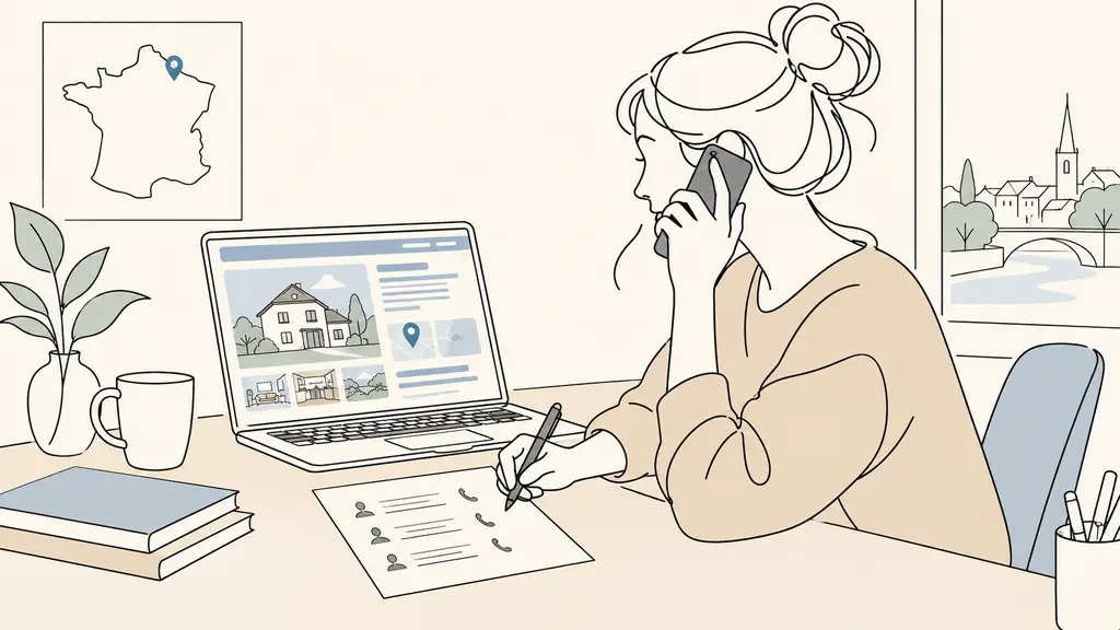 A prospective buyer at a desk comparing a Maubeuge notarial property listing on a laptop with a handwritten office contact list, while making a verification phone call