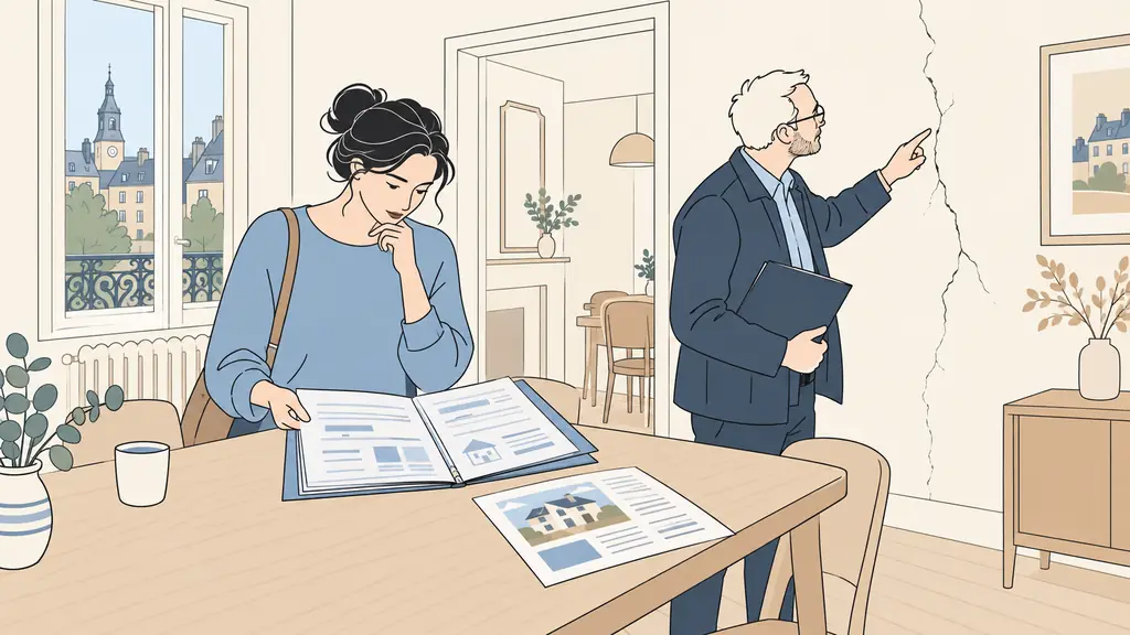 A buyer examining a property diagnostics folder beside a printed notarial listing, while a building expert inspects a visible wall crack inside a Maubeuge house