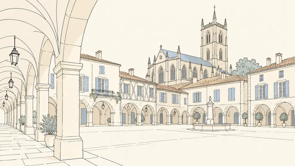 Editorial photograph of an arcaded square in Plaisance-du-Gers, with the neo-Gothic church and square tower visible beyond the historic facades, no text, no logo