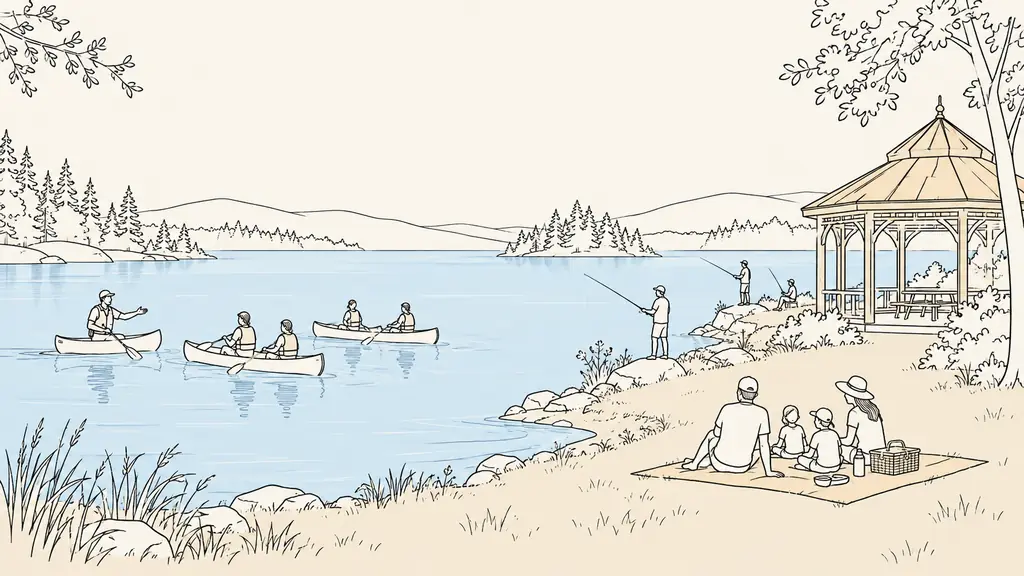 Editorial photograph of Plaisance lake showing a canoe initiation on the water, anglers along the bank and a family picnic near the covered Octogone, no text, no logo