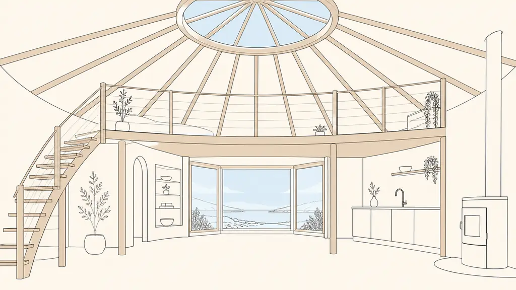 editorial photograph inside a contemporary yurt showing a timber mezzanine, a central skylight dome and a large double-glazed bay window, no text or logo