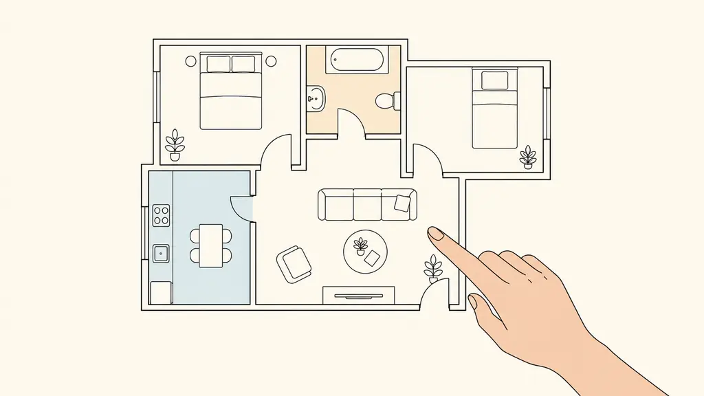Editorial photograph of a hand tracing an unlabeled apartment floor plan showing one living room, two separate bedrooms, and a kitchen and bathroom shaded differently, no text, no logo