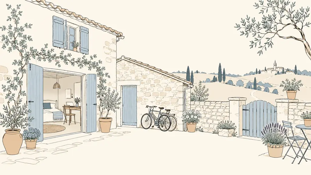 Editorial photograph inside a small Gers village house, showing a laptop set up in a spare bedroom, bicycles stored beside a stone outbuilding, and a quiet courtyard, no text, no logo